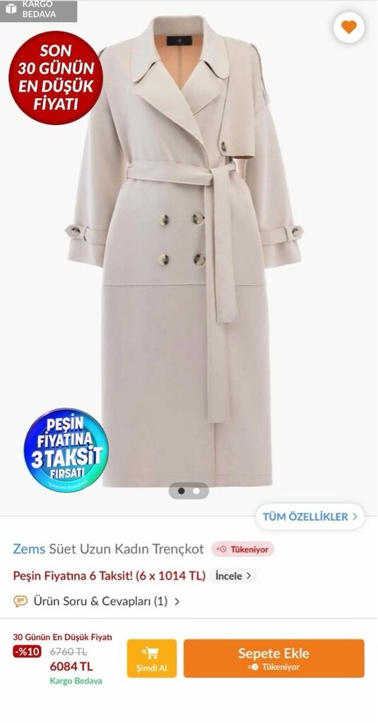 ZEMS MARKEASINA AİTTİR TRENÇ KOT