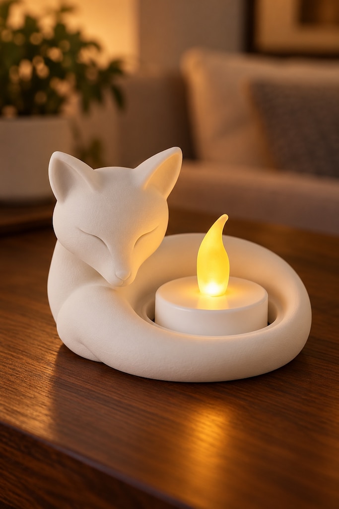 Beyaz Uyuyan Tilki Figürlü Dekoratif Mumluk - Pilli Tealight Mum Dahil - 2