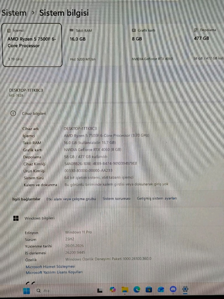 Ryzen 5 7500F - RTX 4060 - 16 GB RAM - 512 GB SSD Akvaryum Kasa - 5