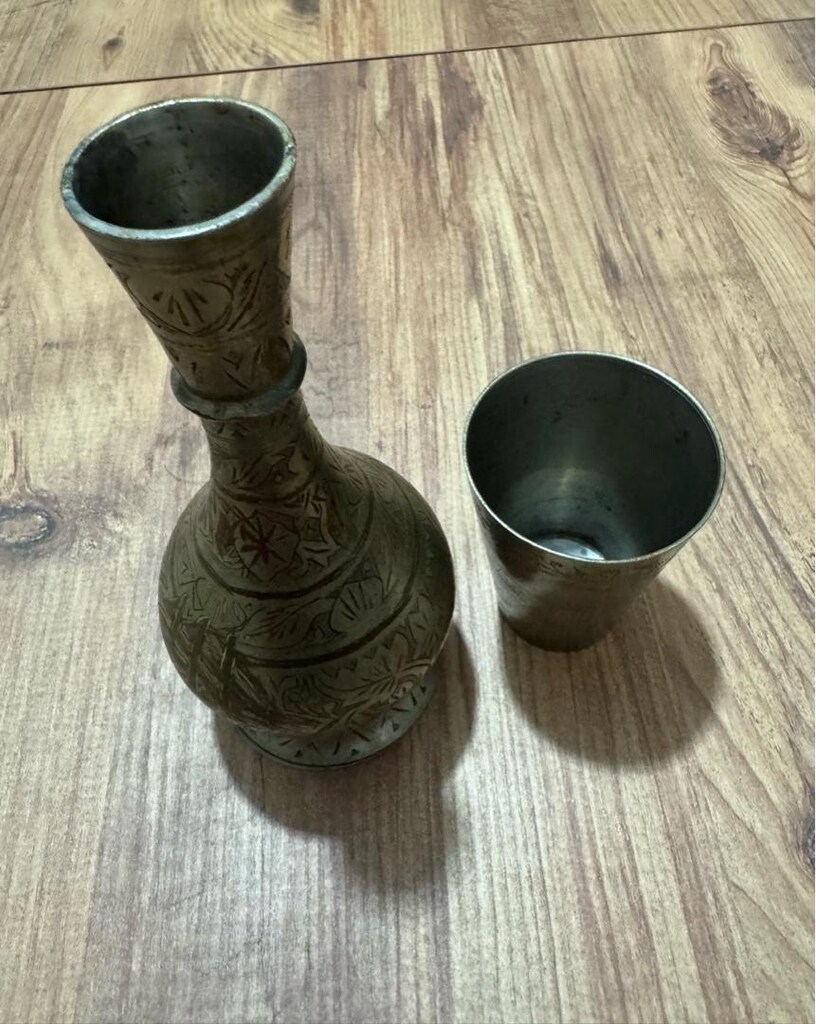 Antika İşlemeli Metal Sürahi ve Bardak Seti - 11