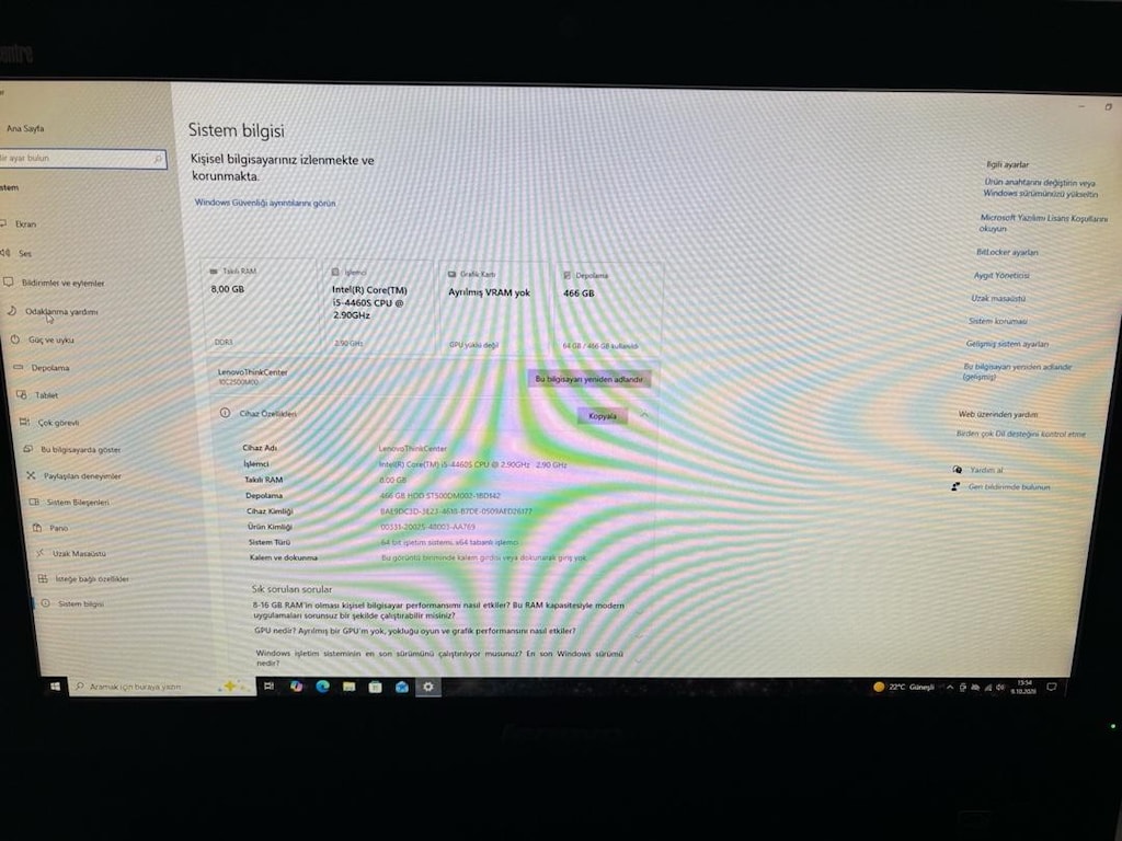 Lenovo ThinkCentre All-in-One Bilgisayar | i5-4460S | 8 GB RAM | - 3