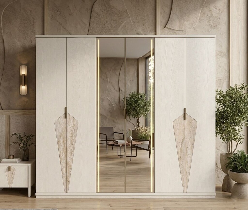 Sıfır,%100 MDF, LED Aydınlatmalı 6 Kapılı Gardırop- kum beji,Traverten - 3