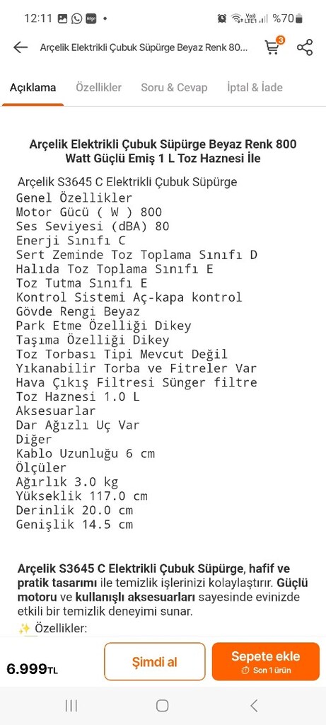 Arçelik Elektrik Süpürgesi - 3