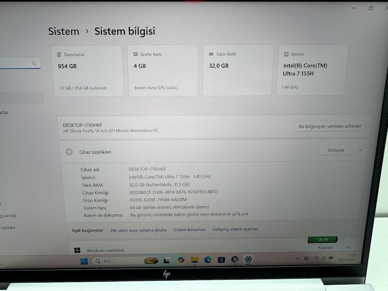 HP ZBOOK ULTRA 7 İŞLEMCİ 32 GB RAM 1 TB M2SSD RTX A500 - 5