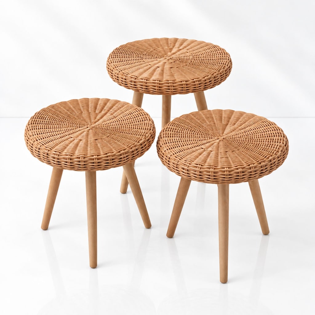 3’lü Rattan Sehpa Seti – El Yapımı, Sıfır - 6