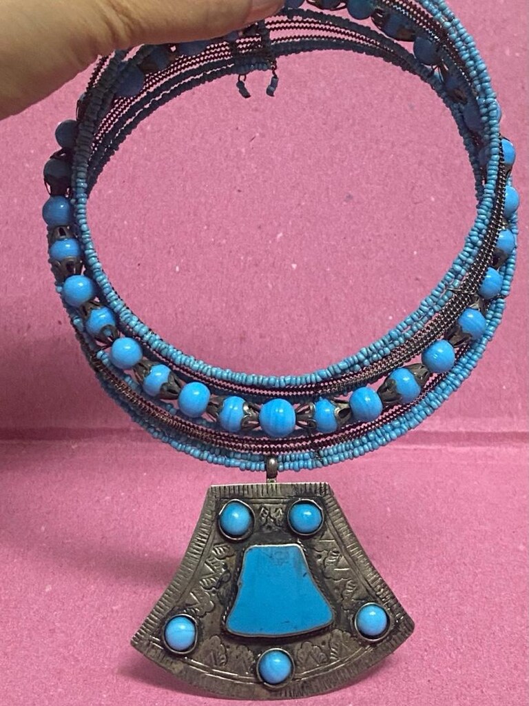 Vintage El İşçiliği Mavi Cam Boncuklu Choker ( Tasma ) Kolye - 3