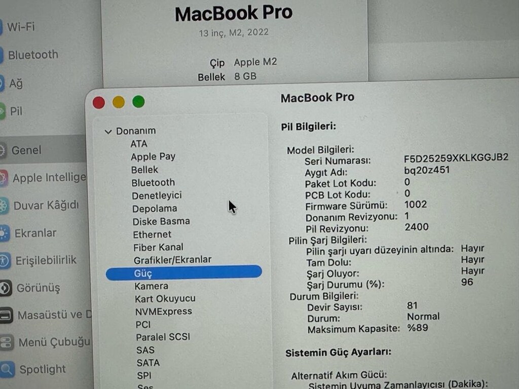 pil sağlığı çok iyi devir sayısı çok düşük macbook pro M2 çipli 13” - 2