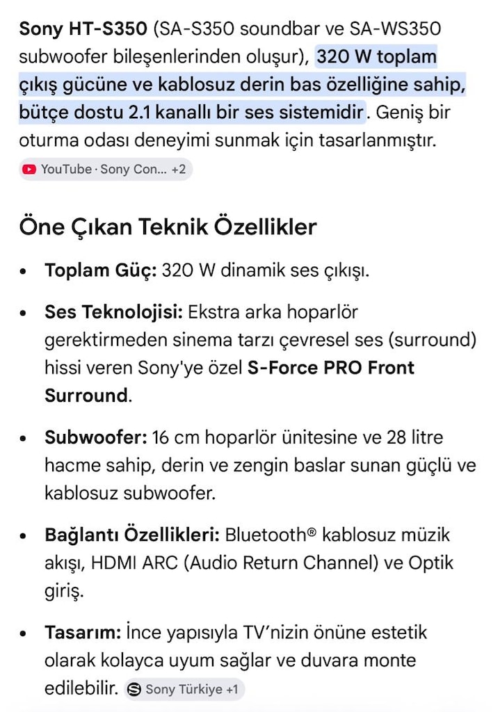 SONY SİNEMA VE SES SİSTEMİ HT-S350 soundbar ve subwoofer - 4
