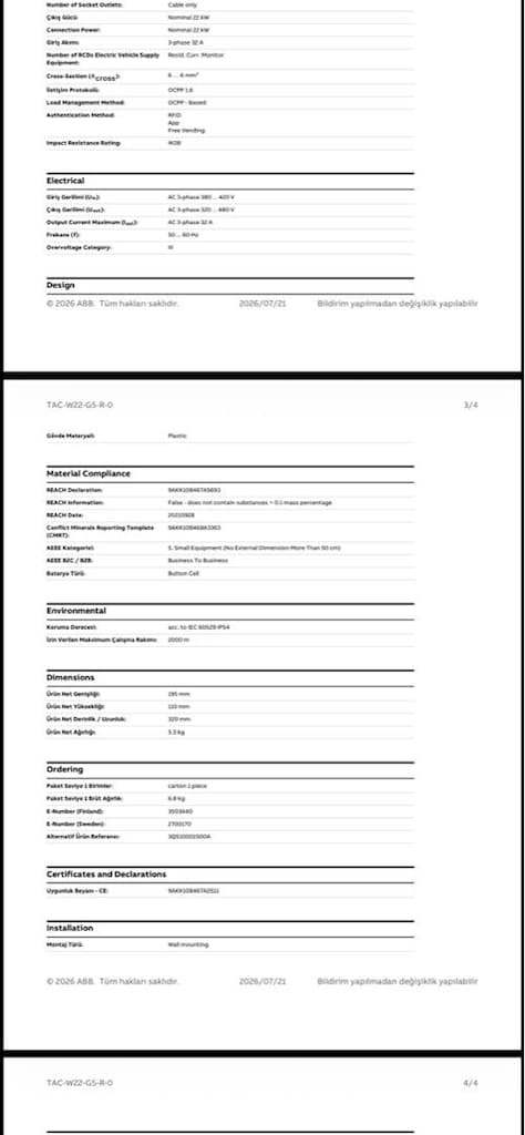 ABB 22kW Terra AC Duvar Tipi Kablolu (5mt) - Tip 2 Soket - RFID özelli - 4