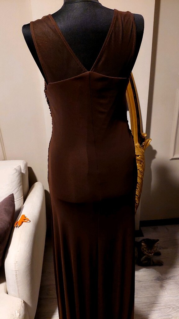 Koyu kahve likralı drape güpür tasarım abiye - 5
