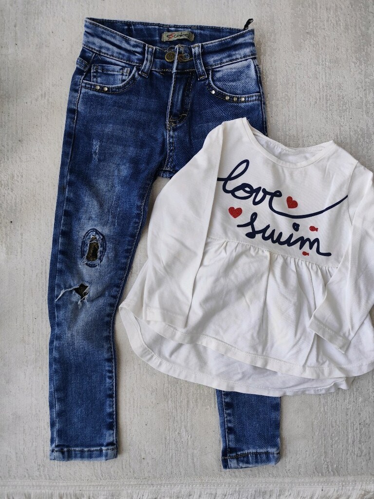 KIZ ESCABEL TAŞLI KOT PANTOLON MAMİNO BLUZ 3 4 YAŞ TAKIM YENİ civil hm