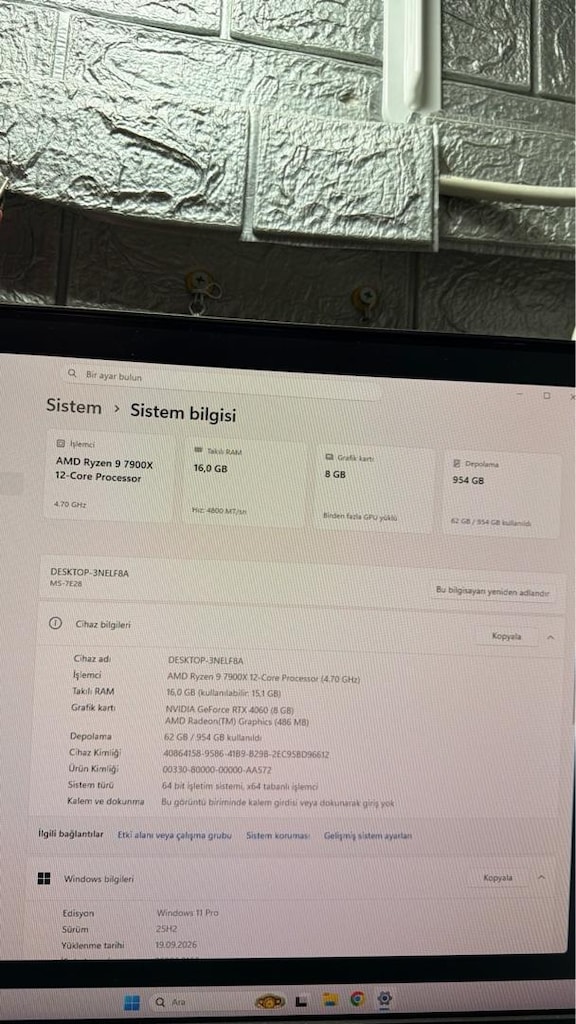" TEMİZ " R9 7900X / RTX 4060 8GB / 16GB DDR5 / 1TB SSD - SİSTEM - 7