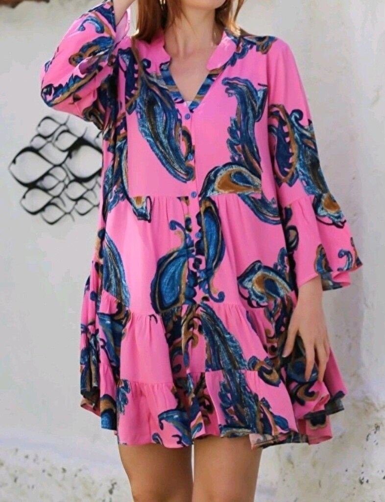 Pembe V Yaka Fırfırlı Kol Şal Desenli Düğmeli Eteği Fırfırlı Elbise - 3