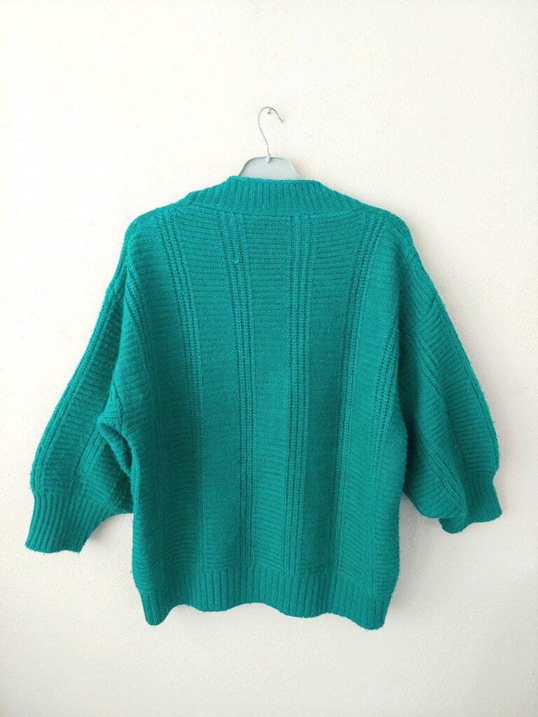 Vintage Stil Oversize Kesim V Yaka Yeşil Örgü Hırka - 5