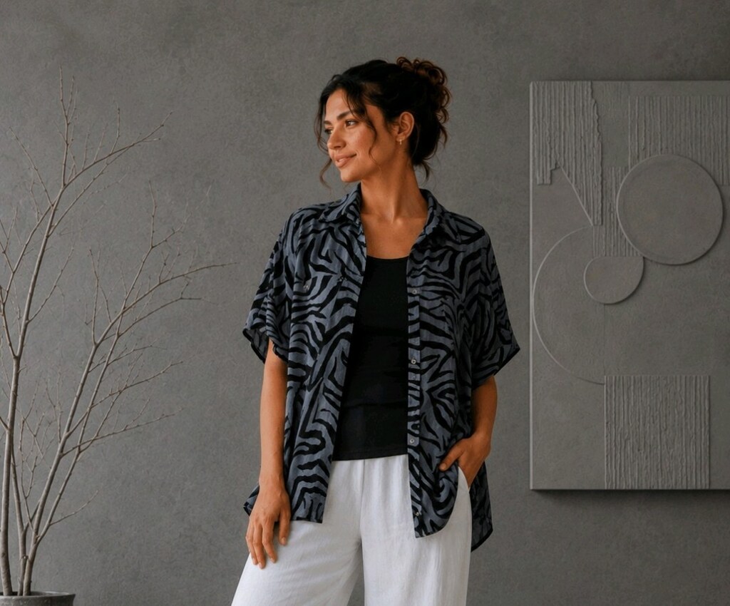 XL-3XL Zebra Desenli Rahat Kesim Kısa Kollu Kadın Gömlek - 2