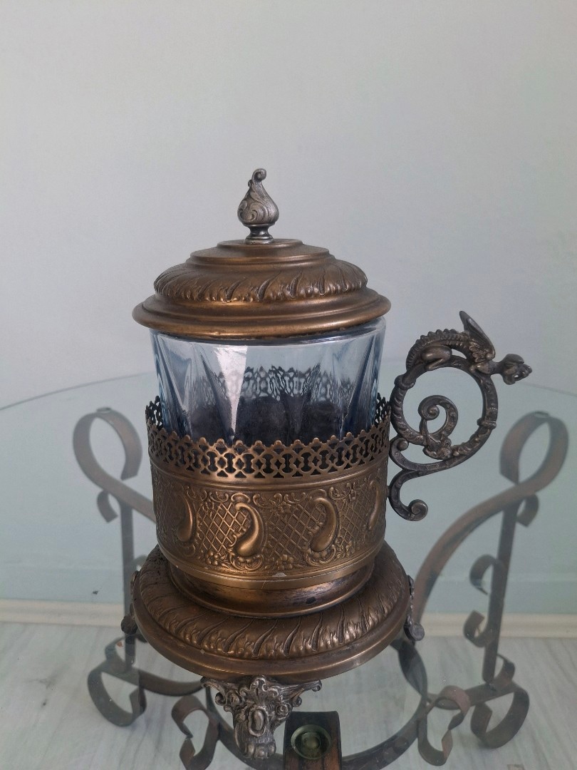 Avrupa Bronz Antika Görünümlü İşlemeli Cam Kupa - 6