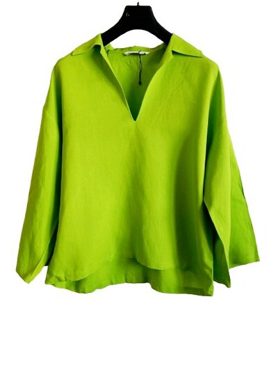 Zara Yeşil V Yaka Keten Bol Kesim Sweatshirt