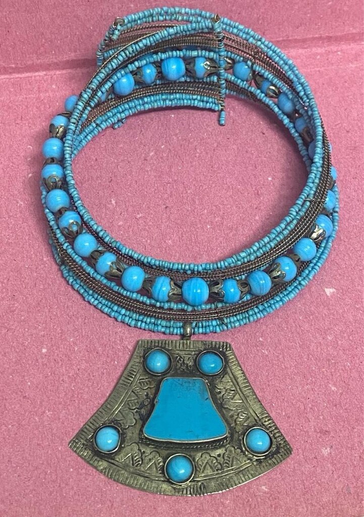 Vintage El İşçiliği Mavi Cam Boncuklu Choker ( Tasma ) Kolye - 16