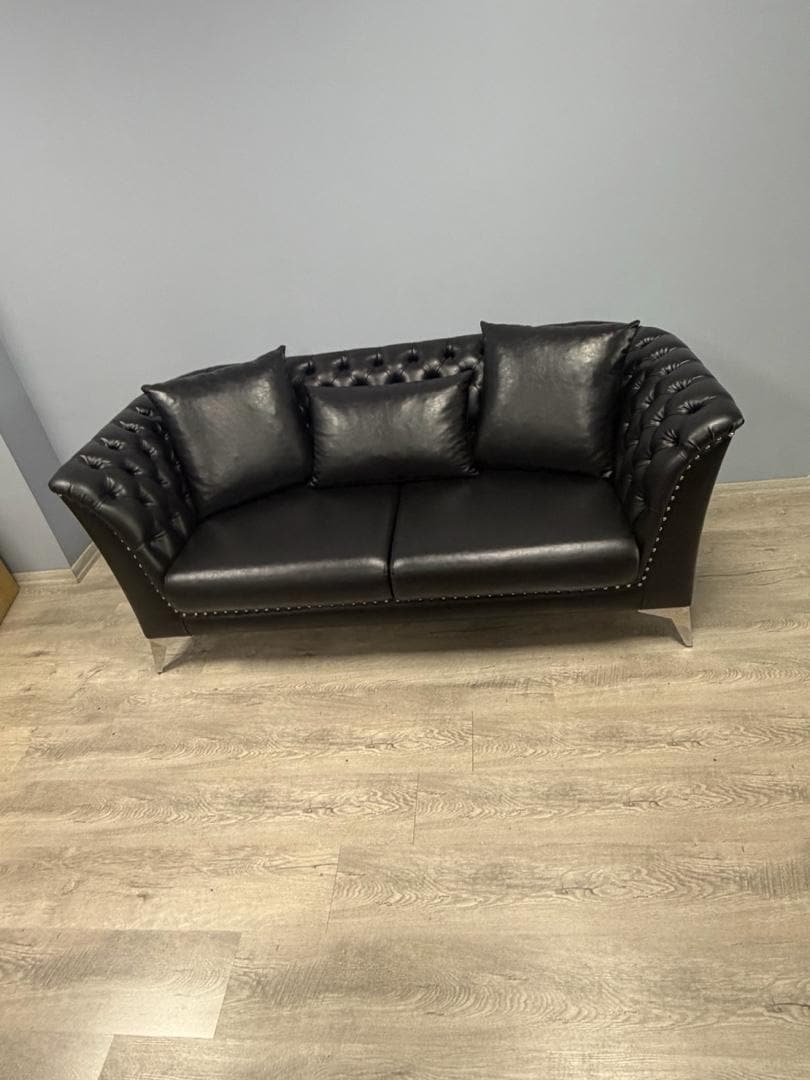 Lüks Siyah Deri Chesterfield İkili Koltuk / Ofis-Ev İçin (Çok Temiz)