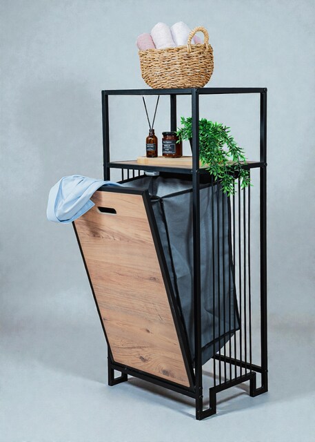 KİRLİ SEPETLİ BANYO DOLABI AHŞAP RAFLI METAL GÖVDELİ 2 RAFLI ORGANİZER