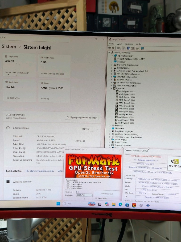 8GB RTX 3050 RYZEN 5500 16GB RAM 512GB M2SSD 600W AKVARYUM KASA - 8