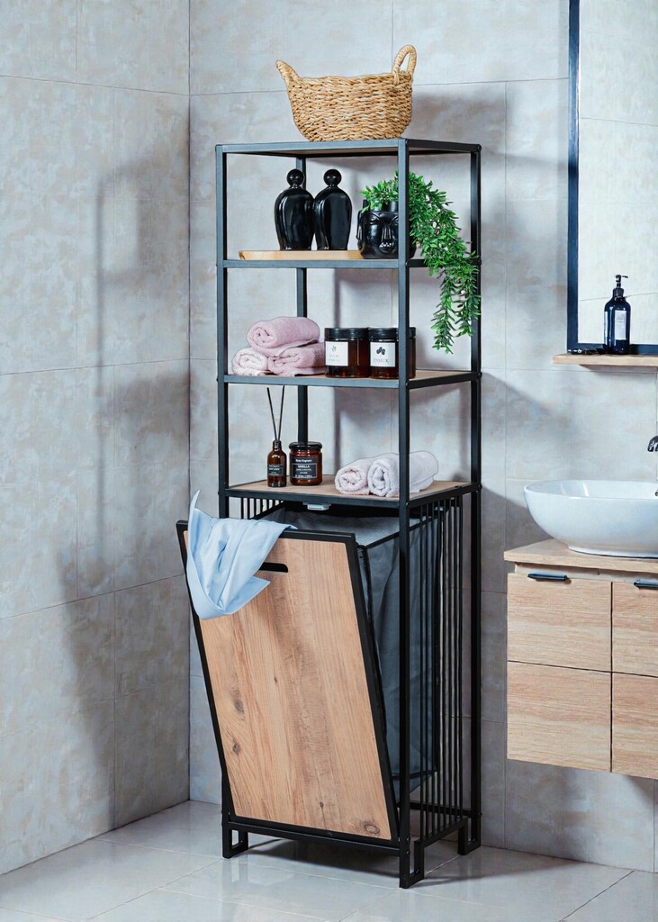 KİRLİ SEPETLİ BANYO DOLABI AHŞAP RAFLI METAL GÖVDELİ 4 RAFLI ORGANİZER - 3