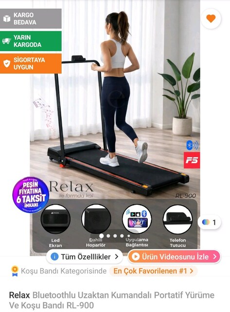 Relax RL900 Bluetooth bağlantılı yürüyüş ve koşu bandı.