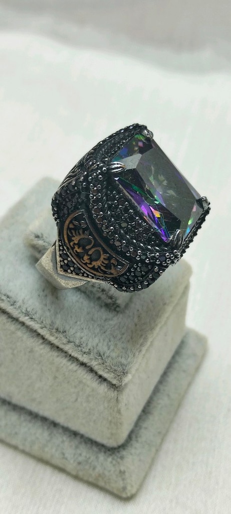 925 Ayar Gümüş Mistik Topaz ve Siyah Zirkon Taşlı Erkek Yüzük 19,7 Gr - 3