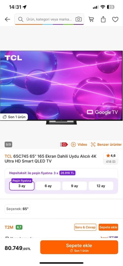 ÇOK YENİ TCL 65 EKRAN QLED TV - 2
