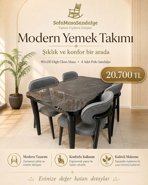 80x130 High Gloss Masa Takımı – 4 Polo Sandalye