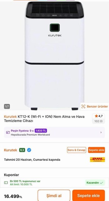 KURUTEK KT12-K nem alma ve hava temizleme cihazı