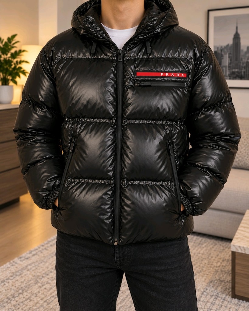 Prada Logolu Siyah Parlak Şişme Mont – Kapüşonlu Premium Puffer