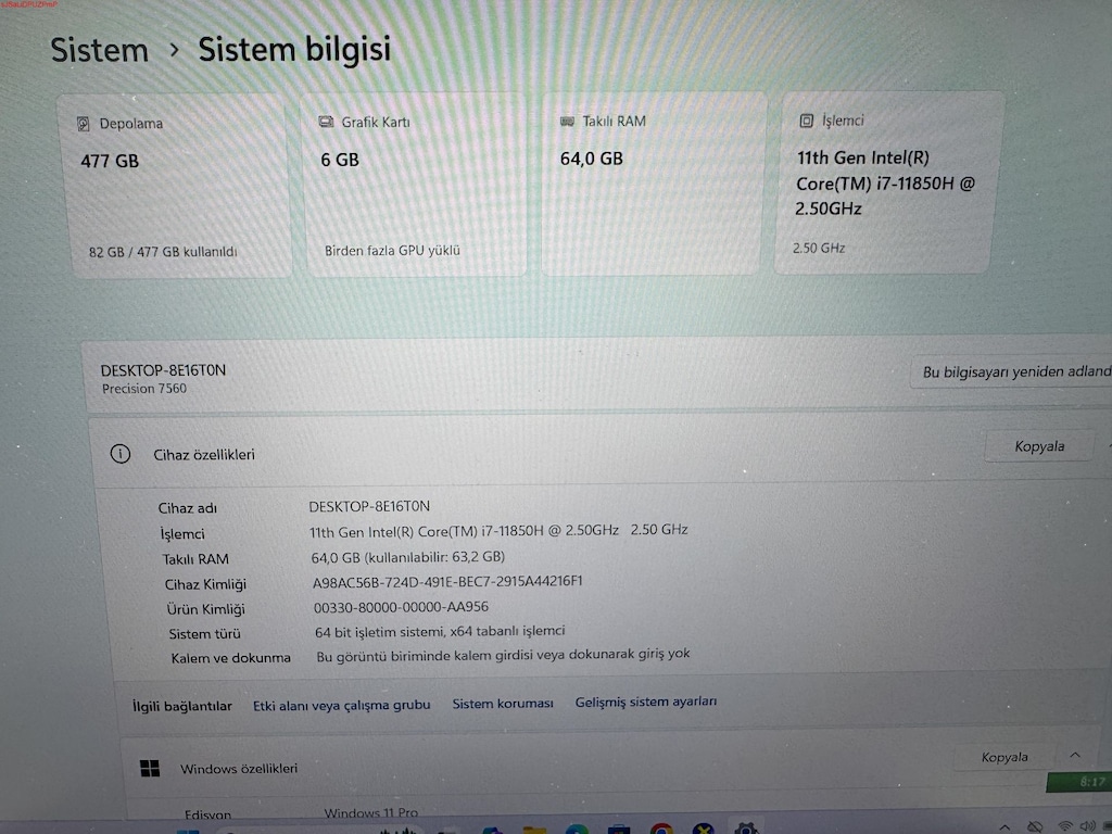 DELL İ7 11. NESİL 64 GB RAM 512 NVME QUADRO A3000 - 5