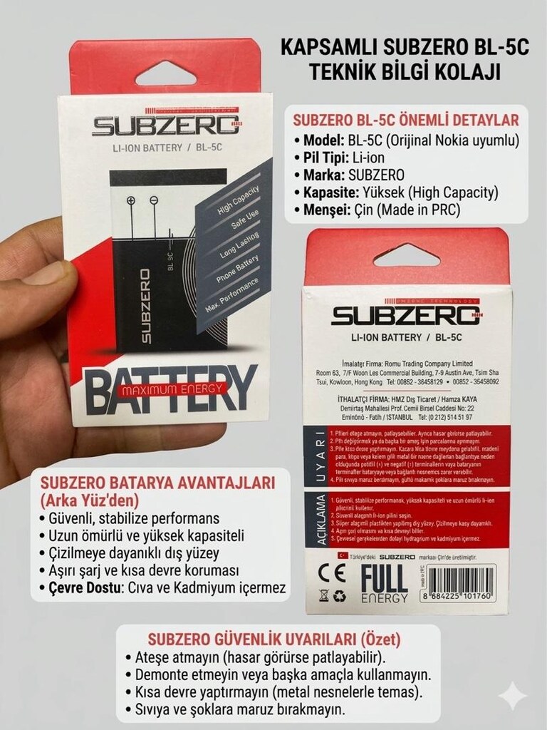Subzero BL-5C Li-Ion Yüksek Kapasiteli Telefon Bataryası