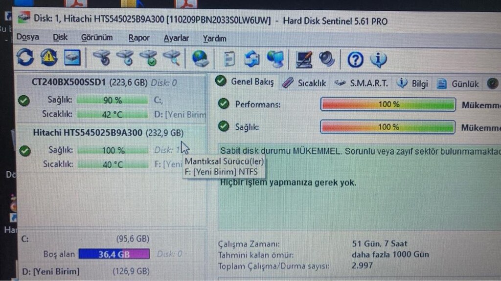 Laptop hdd 250 gb . sağlık 100 - 5