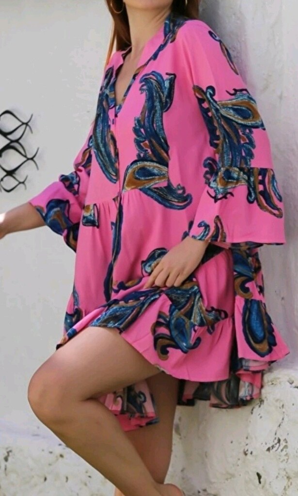 Pembe V Yaka Fırfırlı Kol Şal Desenli Düğmeli Eteği Fırfırlı Elbise - 4