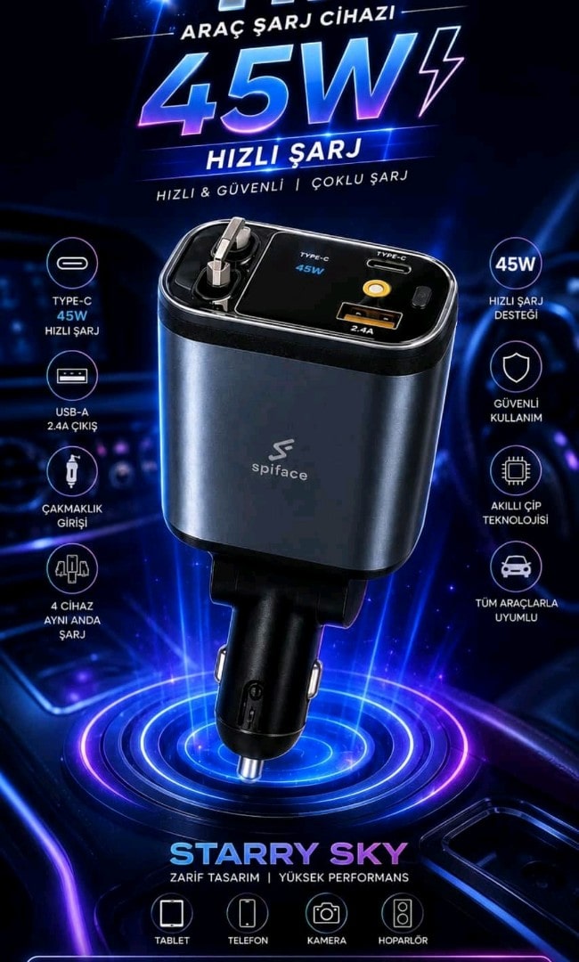 45W Hızlı Şarj Araç Şarj Cihazı | Type-C PD + USB | 4 Cihaz Aynı Anda