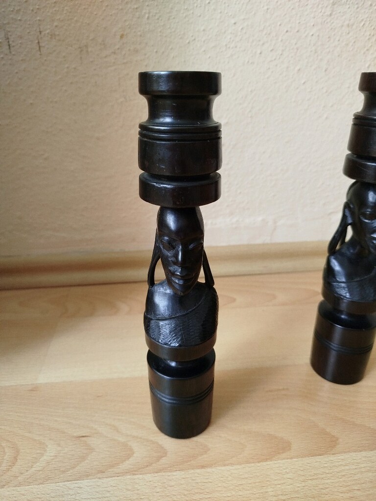 Antika El yapımı Ahşap Mumluk boy 25 cm Afrika'dan alındı iki adet - 6