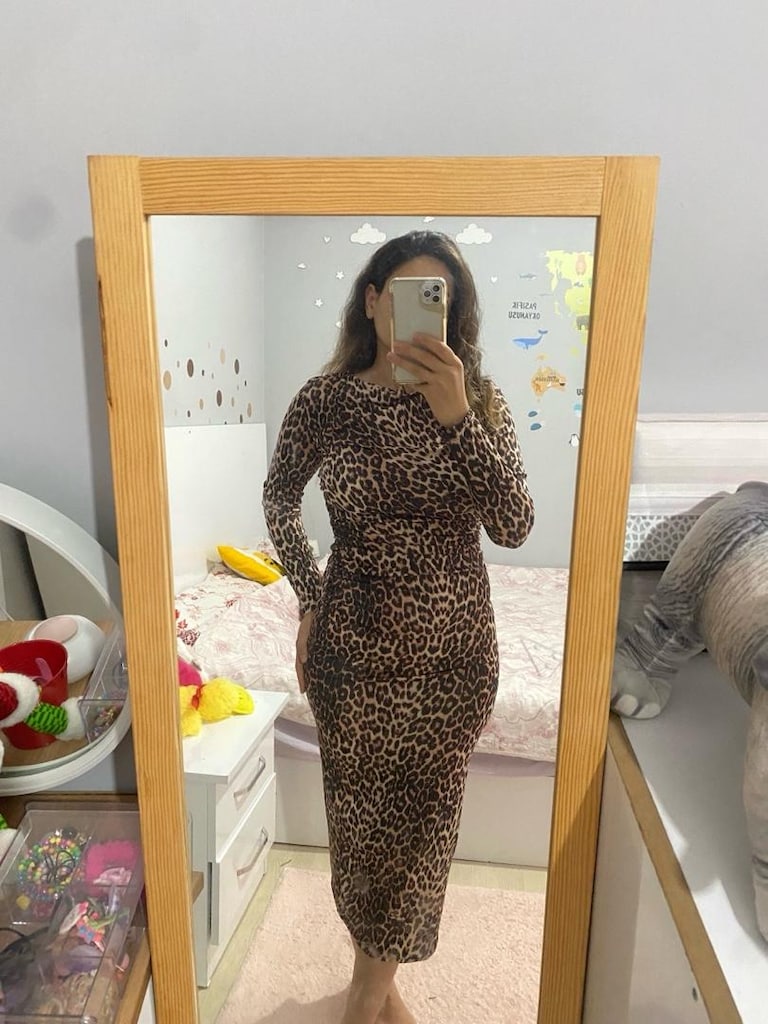leopar desen büzgülü elbise - 2