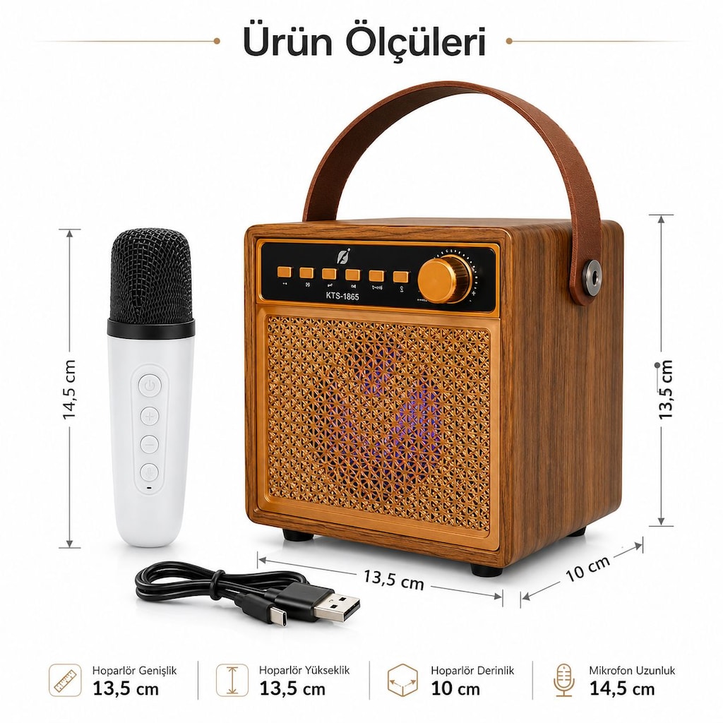 ULTRATEKNO KTS-1865 Ahşap Bluetooth Karaoke Hoparlör Kablosuz Mikrofon - 9