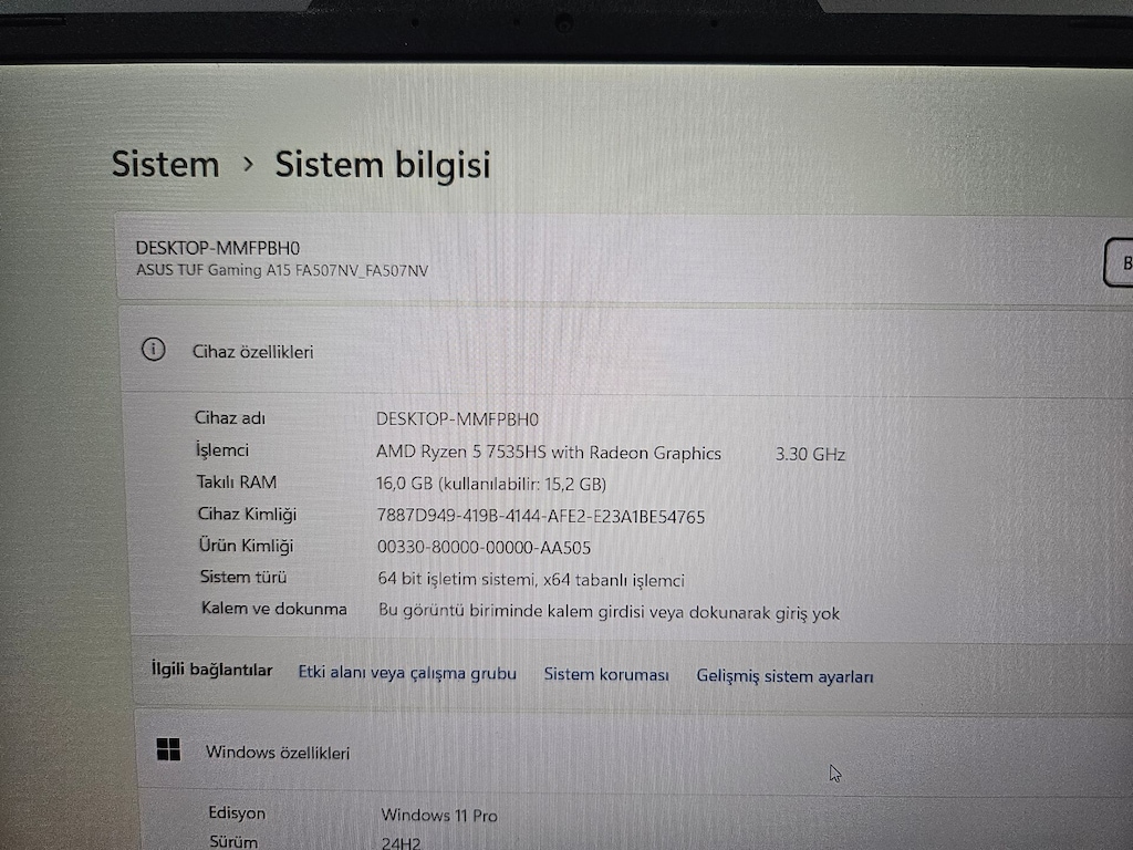 ASUS TUF+ RYZEN 5 7535HS+ 16 GB RAM + RTX 4060 8 GB+ KUTULU - 9