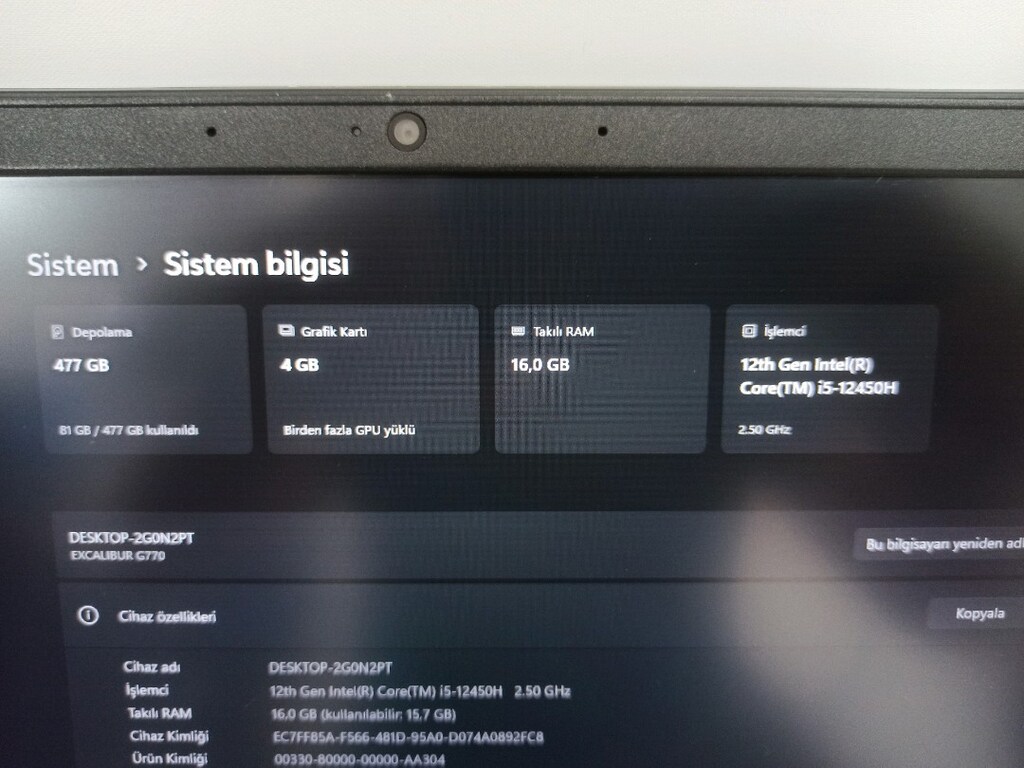 Casper Excalibur G770 i5 12.Nesil 16 Ram 512 SSD GTX 1650 4 GB 144Hz - 7