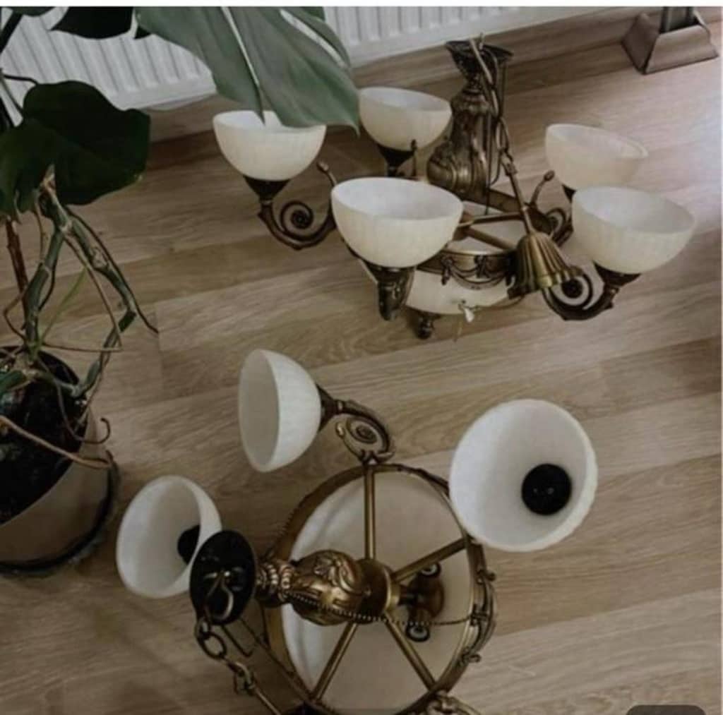 Vintage Ağır Pirinç Döküm Salon Avizeleri(2Adet Çanak+ 1Adet Kristal - 6