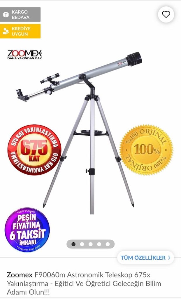 Astronomik teleskop 675 kat yakınlaştırma