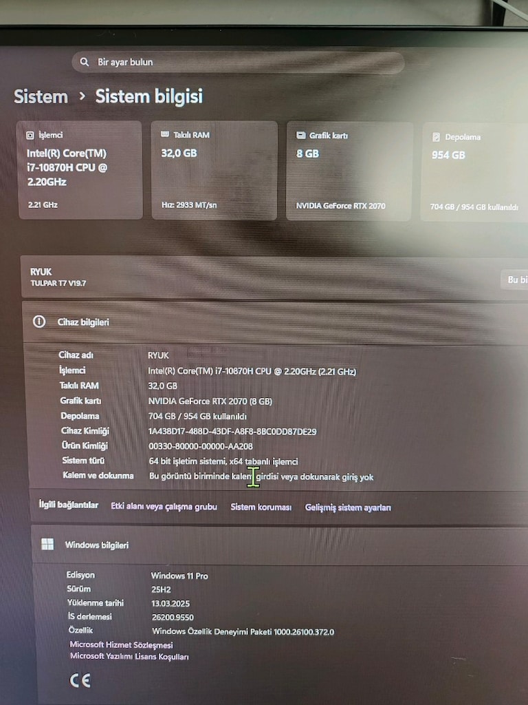 MONSTER TULPAR T7 V21 İ7.10750H. RTX 2070 SUPER 8GB 32 GB RAM 1 TB SSD - 2