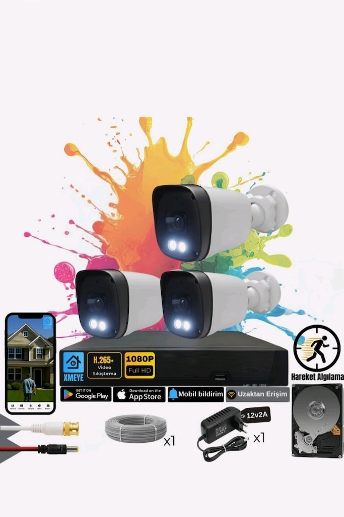3'lü Ahd Kamera Seti 1080p Fullhd Gece Renkli Ip67