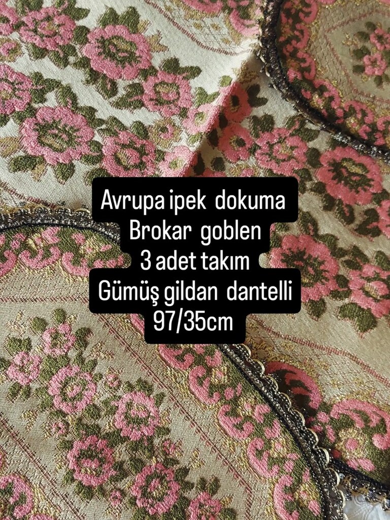 ANTIKA FRANSIZ BROKAR IPEK DOKUMA GOBLEN 3 PARCA TAKIM GÜMÜŞ DANTELLİ - 2
