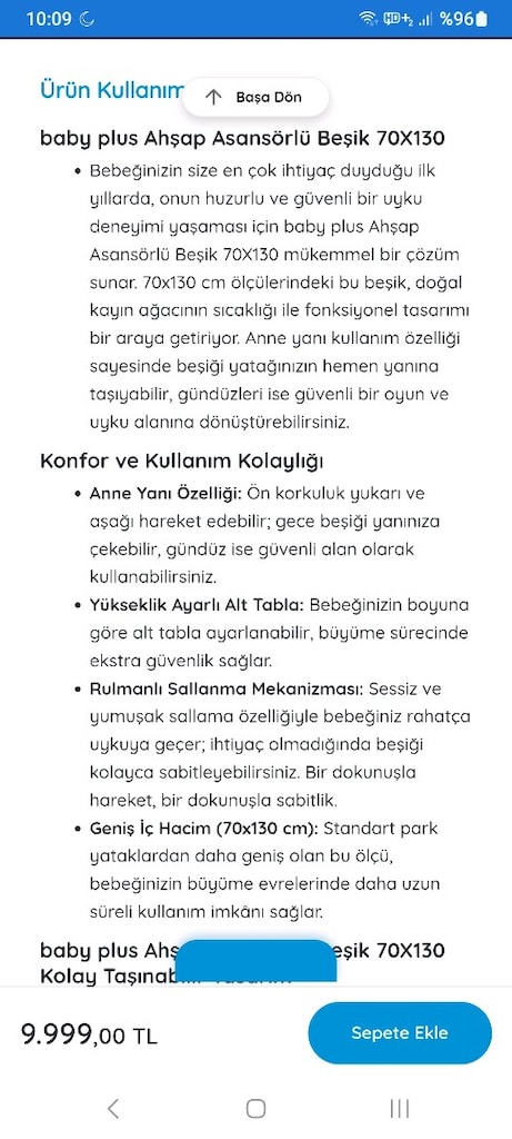 baby plus Ahşap Asansörlü Beşik 70X130 - 7