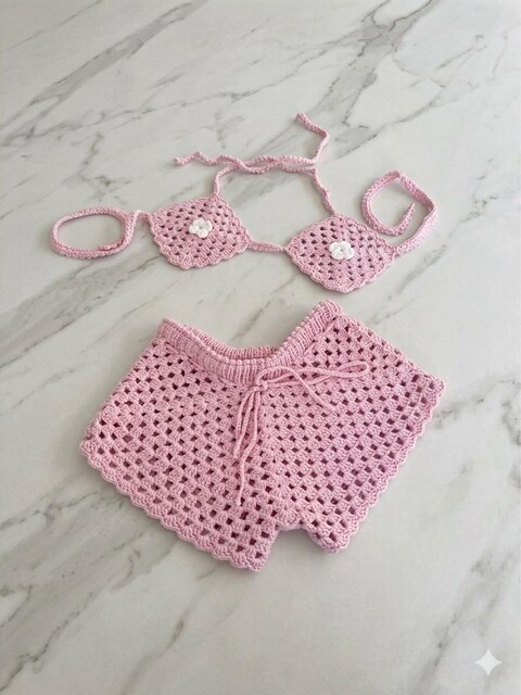 Pembe El Örgüsü Yazlık Şort & Crop Takım