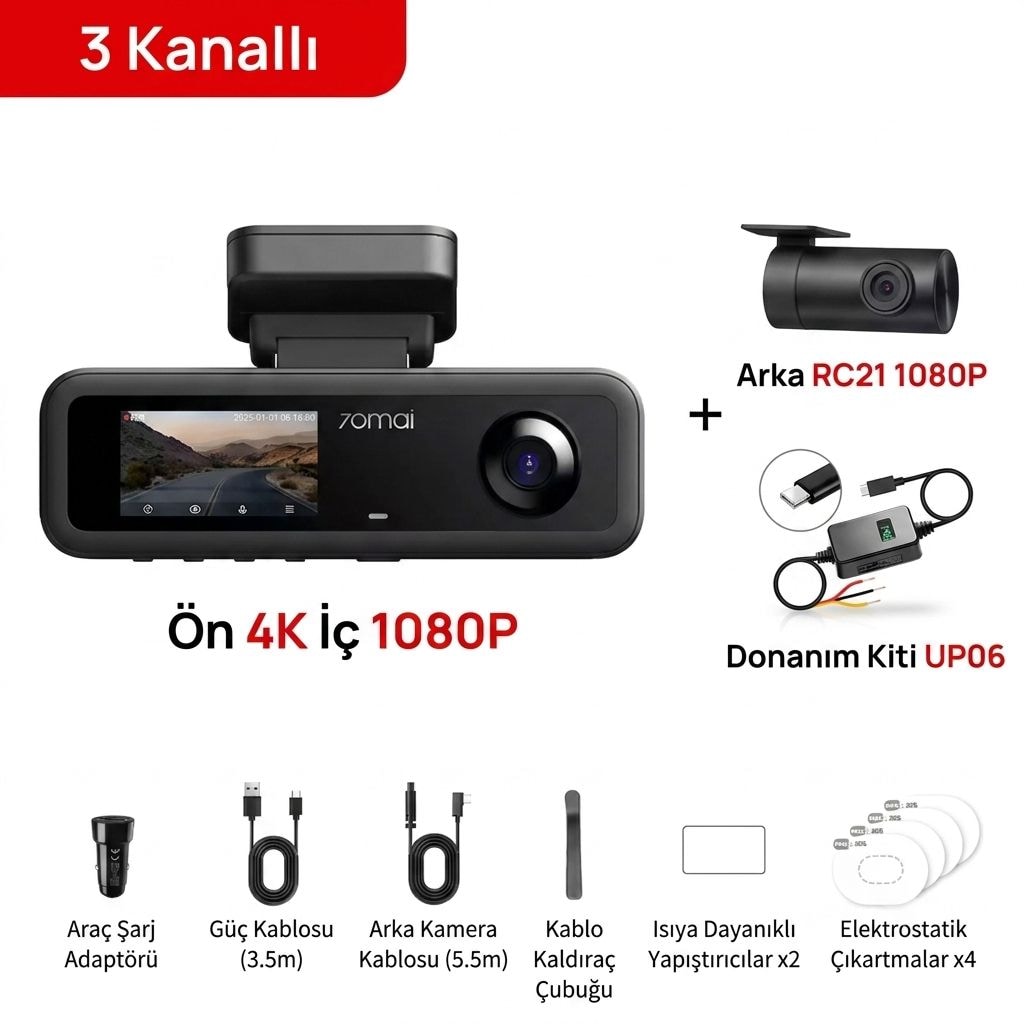 70mai T800E 3 Kanallı Ön Arka İç Mekan Kamera + UP06 Park Modu Kiti - 2